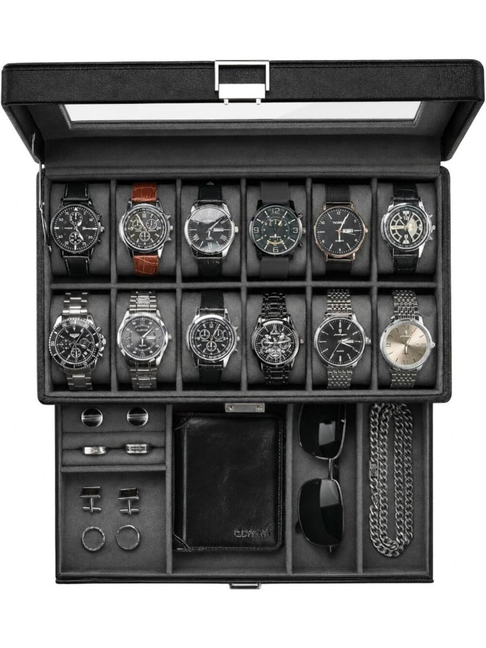 Men's Premium Watch Box & Jewelry Organizer with Drawer, 12-Slot Display Case